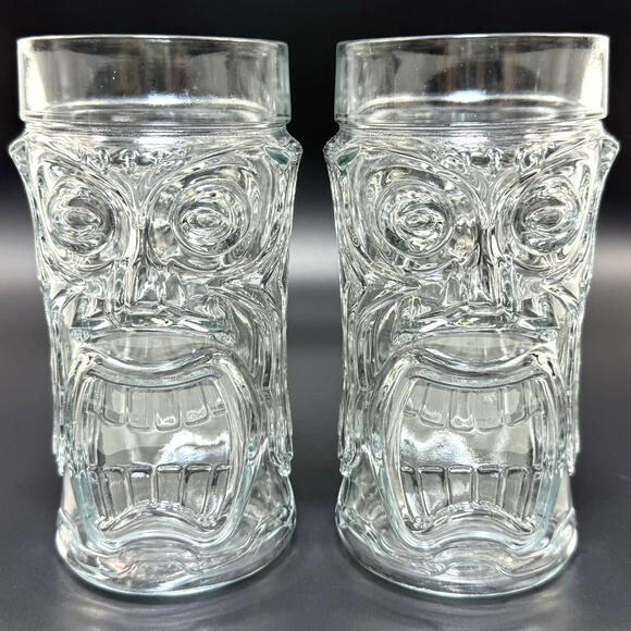 2 Vintage Anchor Hocking Double Sided Screaming Tiki Highball Glasses 6.5"x3" - Picture 1 of 5